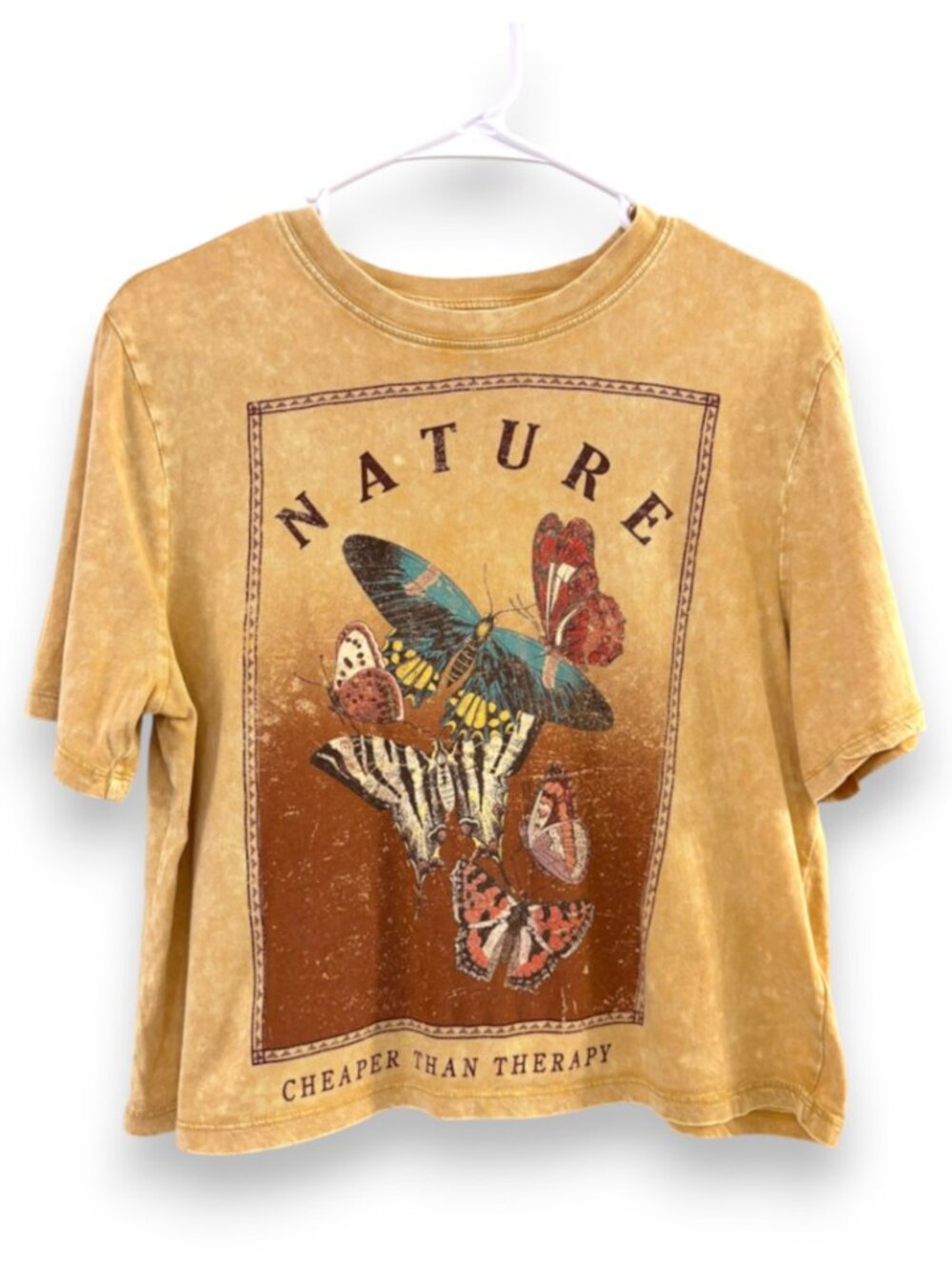 Cleo & Wolf Distressed Graphic Butterfly Shirt Oversized Boxy Cotton Mustard XS